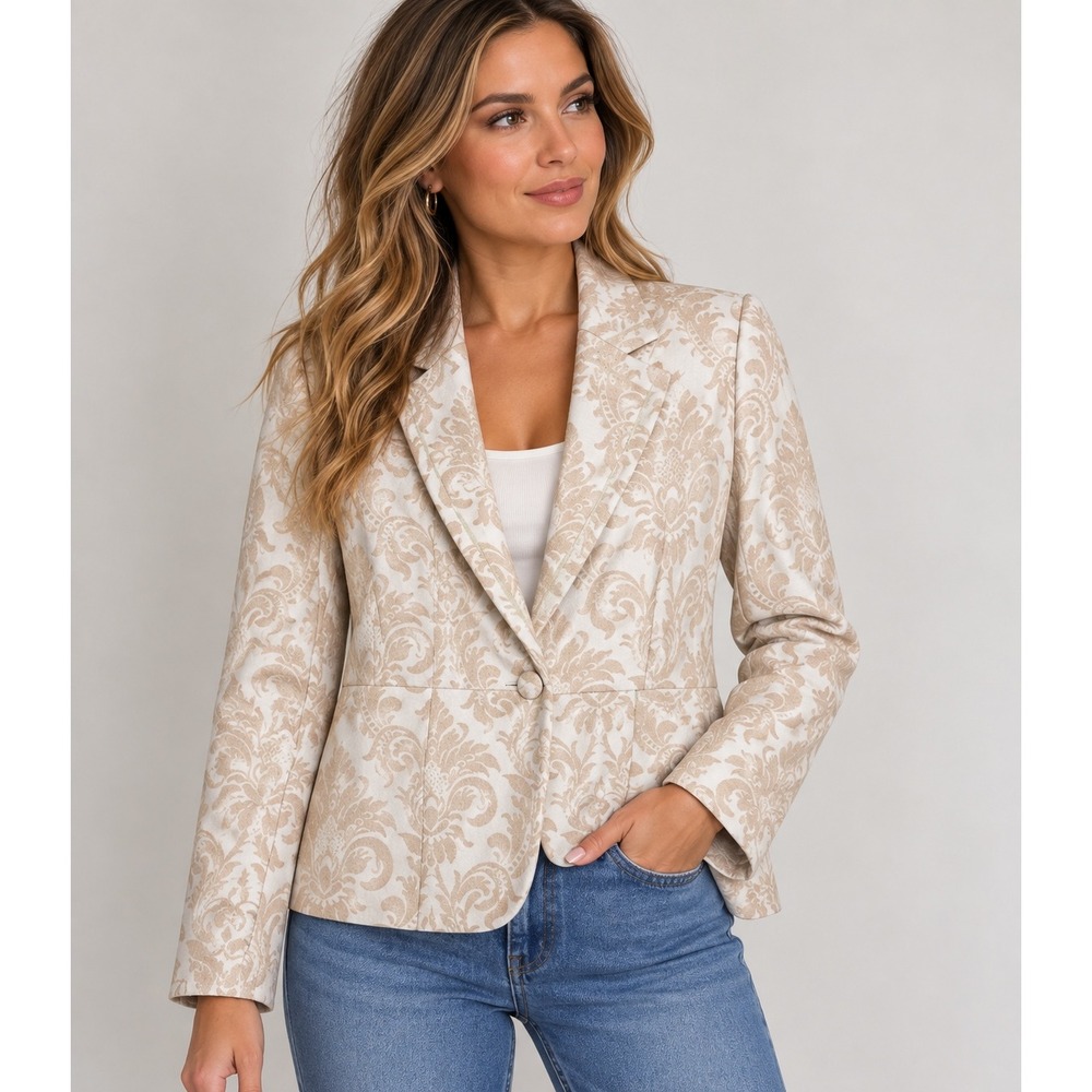 JH Tapestry Blazer Size 6 Ivory Beige Damask Jacquard Floral Vintage Style